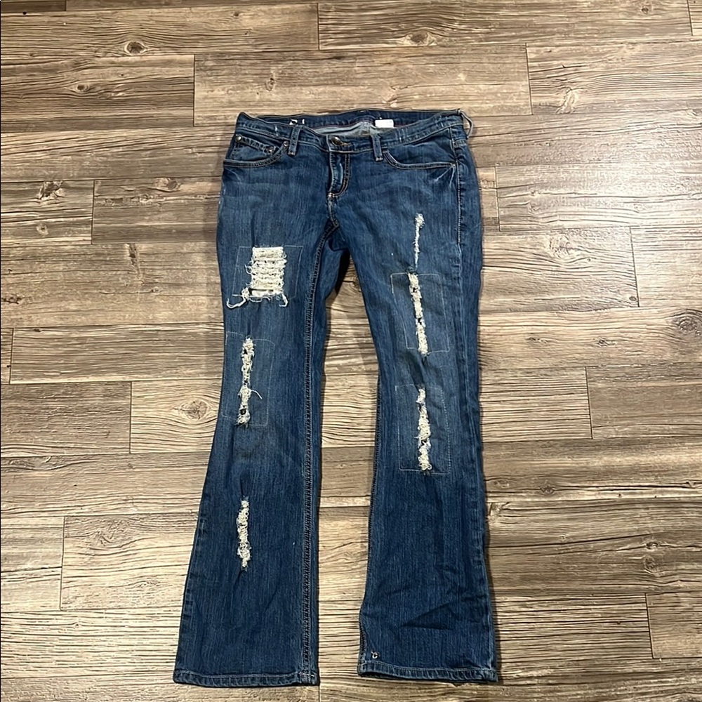 Silver Blue Flare Wide Leg Jeans with Distressed Accents